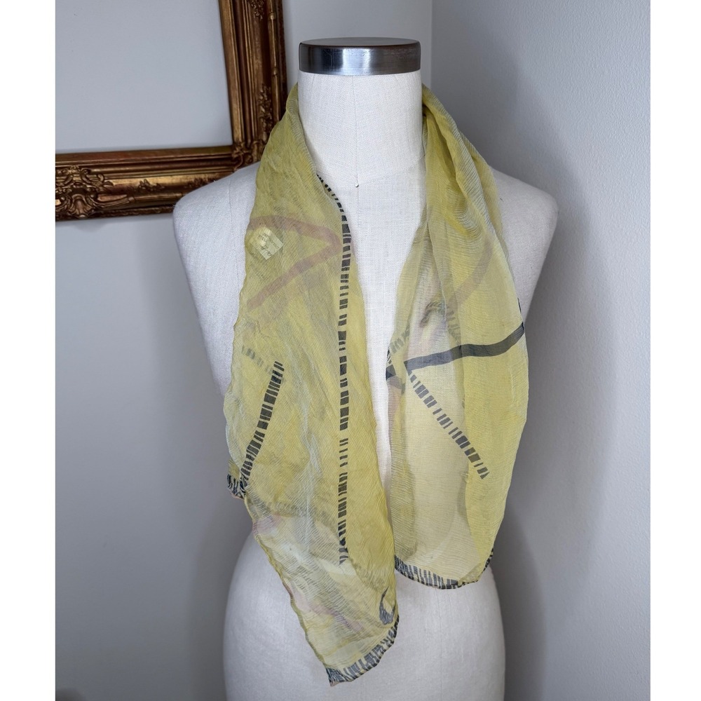GEORGINA VON ETZDORF Scarf Yellow Crinkle Silk Abstract Print Women's Vintage